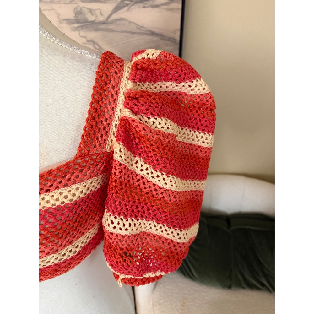 PatBO Striped Crochet Cropped Top Size 4 Orange Puff Sleeve - Picture 5 of 11